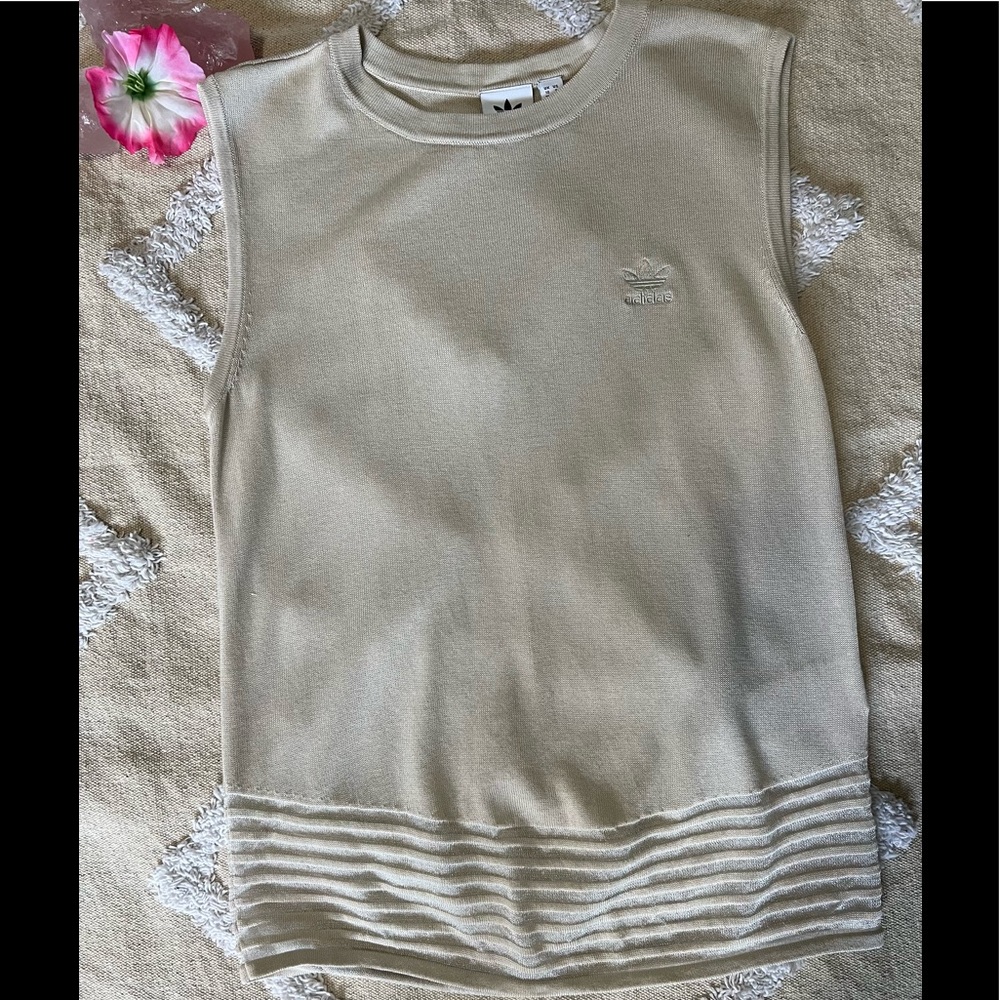 Adidas Knit Sweater Vest Tank Top Sleeveless Beige Cream Size Small